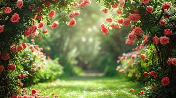 ai generiert schön hell Hintergrund von ein Sommer- Garten mit ein blühen Rose Busch foto