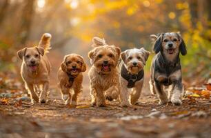 ai generiert fünf Hunde Gehen im das Park foto