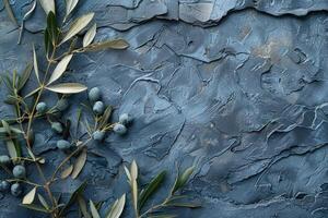 ai generiert grau Schlamm von zerquetscht Oliven und Blätter Lügen auf ein Marmor foto