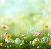 ai generiert Ostern Blumen und Eier sind im das Gras foto