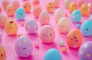 ai generiert viele Ostern Eier auf ein Rosa farbig Hintergrund foto