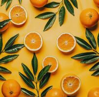 ai generiert Orangen, Orange Blätter, Blätter von Dornen auf Gelb Hintergrund foto