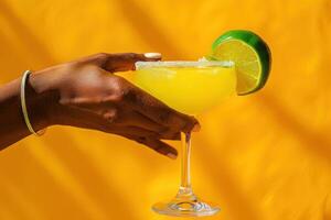 ai generiert ein Person ist präsentieren ein Margarita mit ein Hand auf ein Gelb Hintergrund foto