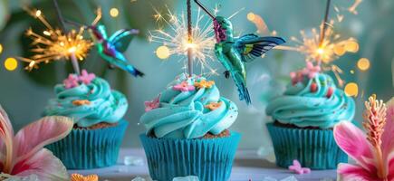 ai generiert Cupcakes dekoriert mit Wunderkerzen und Kolibri foto
