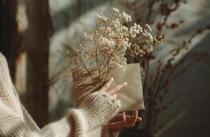 ai generiert Hand halten ein Briefumschlag mit Blumen und Blätter foto