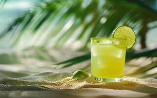 ai generiert Limoncello und Rum Cocktail mit Limette auf ein Stück von Sand foto