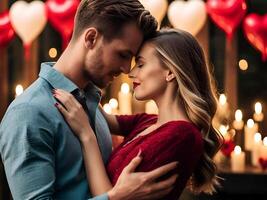 ai generiert romantisch Paar Fotoshooting zum Valentinstag Tag mit schön Hintergrund Über Liebe und Beziehungen, Mann und Frau foto