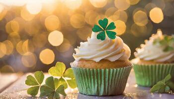 ai generiert st Patrick's Tag Konzept , Cupcake mit Kleeblatt Topper, irisch Heilige Feier foto