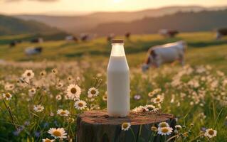ai generiert frisch Molkerei Milch Flasche auf ein natürlich Stumpf inmitten Weiden lassen Kühe und Wildblumen beim das schließen von Tag foto