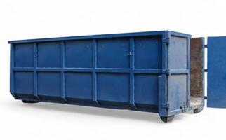 Metall dauerhaft Blau industriell Müll können zum Straße Abfall isoliert auf ein Weiß Hintergrund. groß Stahl Korb zum Haushalt und industriell Abfall. Konstruktion Abfall Container zum Zuhause Renovierung. foto