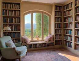 ai generiert Innere von ein Bibliothek im ein Land Haus. foto