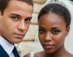ai generiert Hochzeit Porträt von ein jung afrikanisch amerikanisch Paar. foto