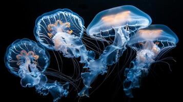 ai generiert Qualle Schwimmen im das Wasser auf ein schwarz Hintergrund. Qualle ist ein Marine Leben. foto