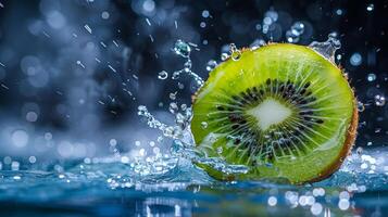 ai generiert frisch Kiwi Obst planschen im Wasser auf ein schwarz Hintergrund foto