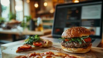 ai generiert ein Burger und ein Scheibe von Pizza positioniert Nächster zu ein Laptop auf ein modern foto