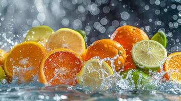 ai generiert Zitrusfrüchte Früchte mit Wasser Spritzen auf schwarz Hintergrund, Kalk, Zitrone, Orange foto