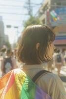 ai generiert jung japanisch Frau, zurück gedreht, geschmückt mit ein lgbt Stolz Regenbogen Flagge, inmitten das voller Bokeh Straßen von ein sonnig Tag Stolz Parade im das Stadt foto