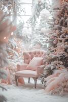 ai generiert ein filmisch Schuss zoomt aus zu verraten ein kleiner Finger Pastell- Stuhl inmitten ein schneebedeckt Ambiente, Erstellen ein Weiß und Rosa Weihnachten Atmosphäre. foto