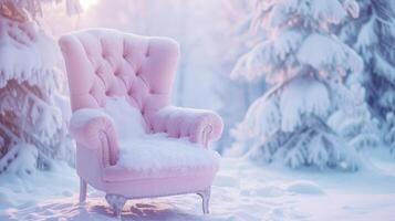 ai generiert ein filmisch Schuss zoomt aus zu verraten ein kleiner Finger Pastell- Stuhl inmitten ein schneebedeckt Ambiente, Erstellen ein Weiß und Rosa Weihnachten Atmosphäre. foto