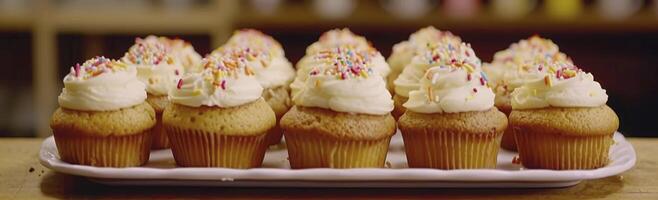 ai generiert Süss Genuss, Tablett von Cupcakes geschmückt mit Glasur und Sträusel, ruhen auf ein Tabelle mit ein leise verschwommen Hintergrund foto