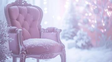 ai generiert ein filmisch Schuss zoomt aus zu verraten ein kleiner Finger Pastell- Stuhl inmitten ein schneebedeckt Ambiente, Erstellen ein Weiß und Rosa Weihnachten Atmosphäre. foto