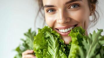 ai generiert jung froh Frau mit frisch Blatt Salat isoliert auf Licht Hintergrund foto