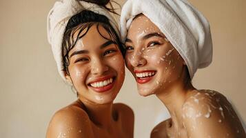 ai generiert anders Nationalitäten Frauen nach Bad mit Handtücher auf Kopf foto