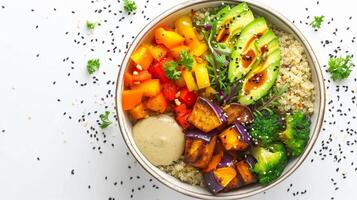 ai generiert Andenhirse Buddha Schüssel, bunt Buddha Schüssel gefüllt mit gekocht Andenhirse, geröstet Gemüse, Avocado Scheiben, und ein Nieselregen von Tahini Dressing, Hintergrund Bild, generativ ai foto