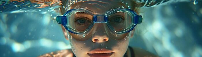 ai generiert Fluss unter Wasser Porträt von ein blond jung Weiß Frau tragen Schwimmen Brille, generativ ai, Hintergrund Bild foto
