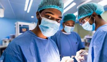 ai generiert medizinisch Mannschaft durchführen chirurgisch Betrieb im Betriebs Zimmer foto
