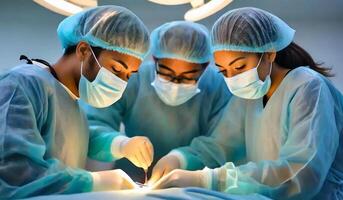 ai generiert medizinisch Mannschaft durchführen chirurgisch Betrieb im Betriebs Zimmer foto