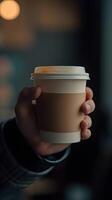 ai generiert Nahansicht von ein des Mannes Hand halten ein Tasse von Kaffee, Hintergrund Bild, generativ ai foto