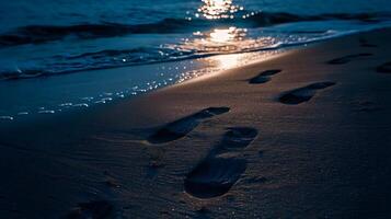 ai generiert Nahansicht von das Strand mit Mondlicht leuchten das Sand und das Fußabdrücke von ein Paar, Valentinsgrüße Tag Schwingungen, Hintergrund Bild, generativ ai foto