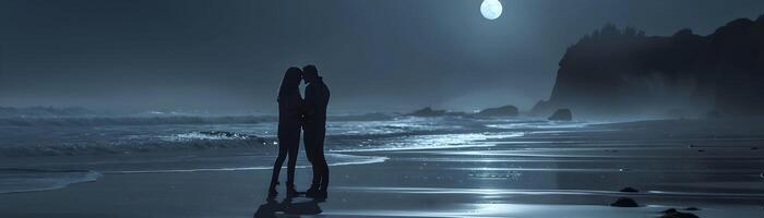 ai generiert Paar Teilen ein ruhig Moment auf ein Mondschein Strand, Valentinstag Tag Schwingungen, Hintergrund Bild, generativ ai foto