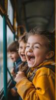 ai generiert zurück zu Schule, Schule Bus Geschichten, fotografieren Kinder Teilen Geschichten und Lachen während Reiten das Schule Bus, Hintergrund Bild, generativ ai foto