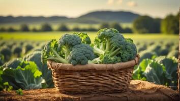 ai generiert Ernte von Brokkoli Kohl gegen das Hintergrund von ein Feld foto