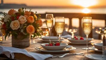 ai generiert Tisch, Brille von Sekt, schön Blumen, Meer foto