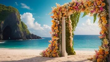 ai generiert schön Hochzeit Bogen mit Blumen gegen das Hintergrund von das Meer foto