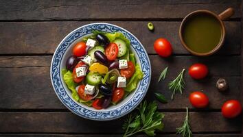 ai generiert köstlich griechisch Salat im ein Teller im das Küche foto