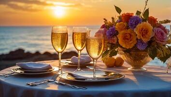 ai generiert Tisch, Brille von Sekt, schön Blumen, Meer foto