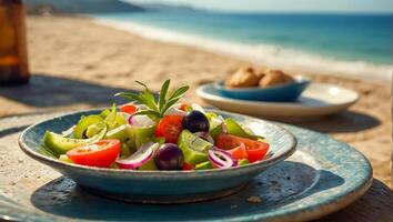 ai generiert köstlich griechisch Salat im ein Teller draußen im Griechenland foto