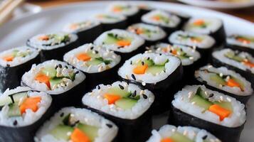 ai generiert Vegetarier Sushi Rollen, Sortiment von Vegetarier Sushi Rollen gefüllt mit Avocado Gurke Karotte und andere frisch Gemüse, Hintergrund Bild, generativ ai foto