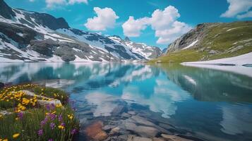 ai generiert azurblau Blau Gletscher See, ein makellos Hohe Höhe See umgeben durch Gletscher, reflektieren das beschwingt Blau von das Himmel, Hintergrund Bild, generativ ai foto