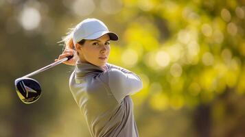 ai generiert Porträt von ein weiblich Golfspieler im Aktion auf das Golf Kurs, generativ ai foto