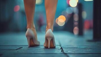 ai generiert Nahansicht Porträt von ein Frau Füße Gehen tragen Weiß hoch Hacke Schuhe, generativ ai foto