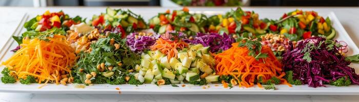 ai generiert bunt Salat Teller, Sortiment von beschwingt und frisch Salate vereinbart worden ordentlich auf ein Weiß Teller, Hintergrund Bild, generativ ai foto