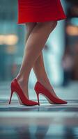 ai generiert Nahansicht Porträt von ein Frau Füße Gehen tragen rot hoch Hacke Schuhe, generativ ai foto