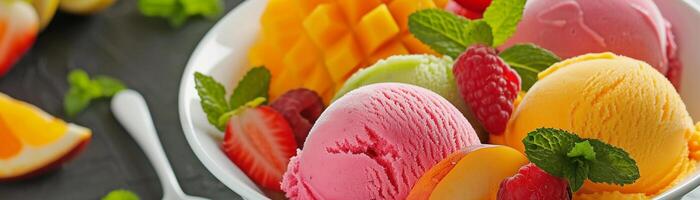 ai generiert frisch und fruchtig, ein Schüssel von beschwingt Sorbet gemacht mit echt Obst Brocken, generativ ai foto