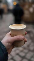 ai generiert Nahansicht von ein des Mannes Hand halten ein Tasse von Kaffee, Hintergrund Bild, generativ ai foto