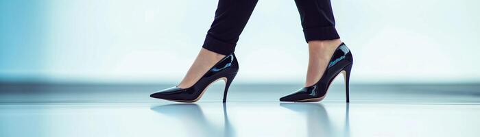 ai generiert ein Frau Füße Gehen tragen schwarz hoch Absätze auf Weiß Hintergrund, Hintergrund Bild, generativ ai foto